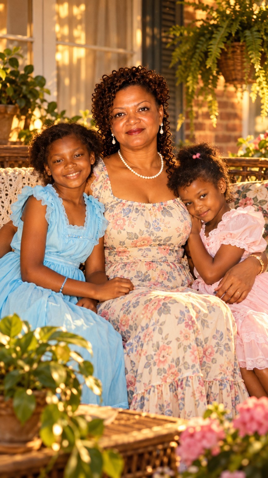 A woman seated with two smiling children