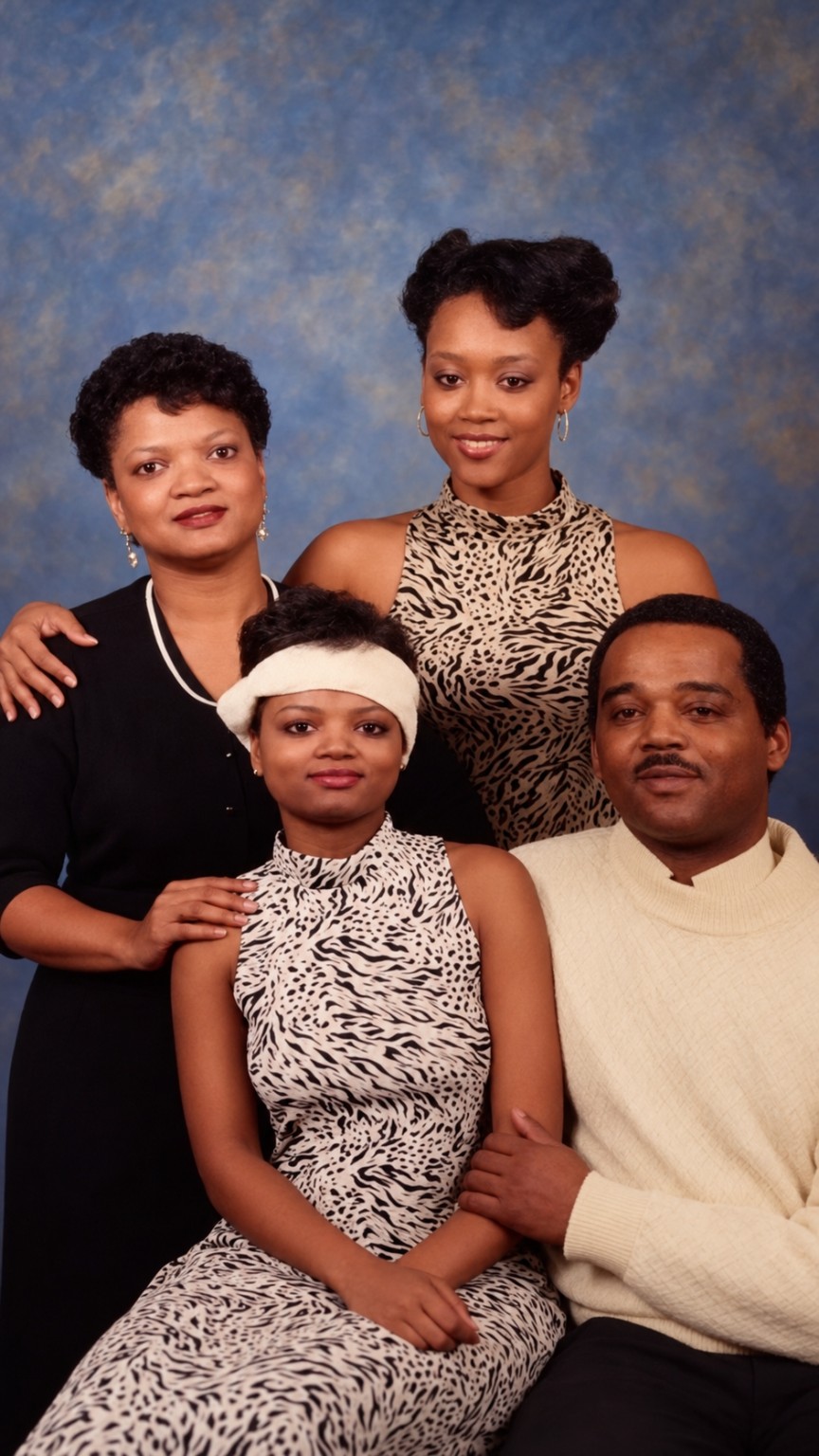 A studio portrait of four family members